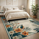 Teal Birds Orange Hibiscus Fern Area Rug