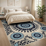 Blue Floral Mandala Area Rug with Ornate Borders