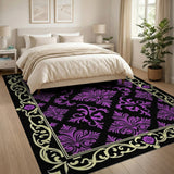 Purple Damask Floral Area Rug with Gold Border
