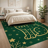 Festive Gold Line Art Cat with Stars Green Rug