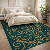Elegant Teal Gold Ornate Leaf Area Rug