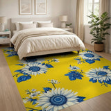 ODIKA Washable Yellow and Blue Sunflower Area Rug - Low Pile Non-Slip Floral Carpet