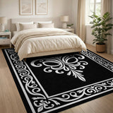 Fleur-de-Lis Ornate Black White Area Rug