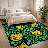 Smiling Yellow Cats Blue Flowers Area Rug