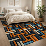 Bold Interlocking Orange Black Geometric Rug