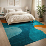 ODIKA Washable Abstract Wave Area Rug - Teal & Burnt Orange Mid-Century Modern Low Pile Non-Slip Rug