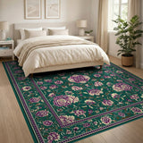 Emerald Green Persian Peony Floral Rug