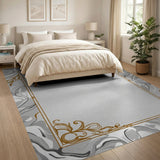 ODIKA Washable Grey Marble Area Rug with Gold Filigree Frame - Low Pile Non-Slip Rug