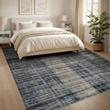 Distressed Grey Plaid Area Rug with Gold Accents
