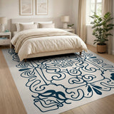 Ornate Navy Floral Border Area Rug