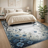 Washable Blue Floral Butterfly Vintage Low Pile Area Rug