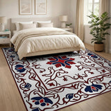 Navy Floral Persian Rug with Red Border