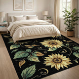 Golden Sunflower Floral Area Rug Black