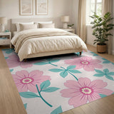 Pink Camellia Flowers Teal Leaves Area Rug