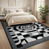Black White Geometric Spiral Rose Area Rug