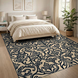 Beige and Neutral Elegant Black Damask Floral Area Rug on Beige