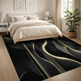 Black Gold Fluid Wave Abstract Area Rug