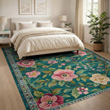 Teal Green Pink Peony Floral Area Rug