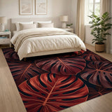 Red Monstera Leaves Area Rug