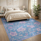 Teal Blue Purple Peony Floral Area Rug