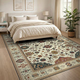 Traditional Persian Ivory Area Rug with Navy Red Motifs