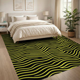 Bold Yellow Waves on Black Area Rug