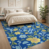 Vibrant Yellow Flowers on Navy Blue Area Rug