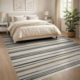 Black White Striped Woven Tassel Rug