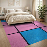 Playful Pink Grid Area Rug with Blue Purple Shapes