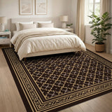 Gold Geometric Motif Black Area Rug