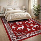Festive Red Reindeer and Pine Tree Area Rug