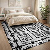 Black White Heritage Tribal Sun Motif Rug