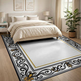 Gold and Silver Ornate Black Gold Floral Border Area Rug