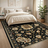 Black and White Black Persian Floral Area Rug with Ivory Blooms