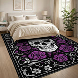 ODIKA Gothic Skull & Purple Rose Washable Rug - Non-Slip Low Pile Area Rug