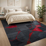 ODIKA Modern Abstract Grey & Red Washable Rug - Low Pile Non-Slip Area Rug
