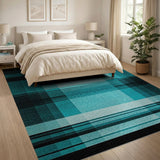 Teal Black Plaid Geometric Area Rug