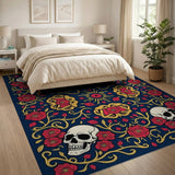 Ornate Skull Red Roses Navy Area Rug