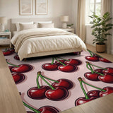 ODIKA Washable Retro Cherry Print Area Rug - Low Pile Non-Slip Pink Carpet