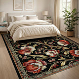 Red Poppy Floral Persian Area Rug on Black