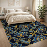 Navy Blue Lotus Floral Area Rug with Gold Accents