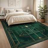 ODIKA Art Deco Emerald Green & Gold Geometric Washable Rug - Low Pile & Non-Slip