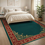 Ornate Emerald Green Rug with Gold Floral Border