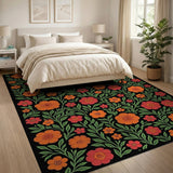 Fiery Orange Floral Area Rug on Black