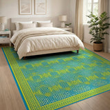 Teal Geometric Area Rug with Yellow Border