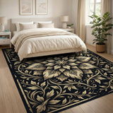 Gold Mandala Floral Area Rug - Black