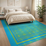 Teal Blue Geometric Woven Area Rug with Yellow Accents