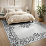 Ornate Floral Baroque Frame Area Rug - Black White
