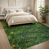 Lush Green Grass with Autumn Leaves Rug