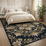 Elegant Gold Floral Baroque Rug on Black